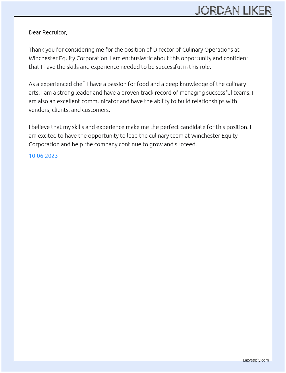 Director of Culinary Operations At Winchester Equity Corporation Cover Letter