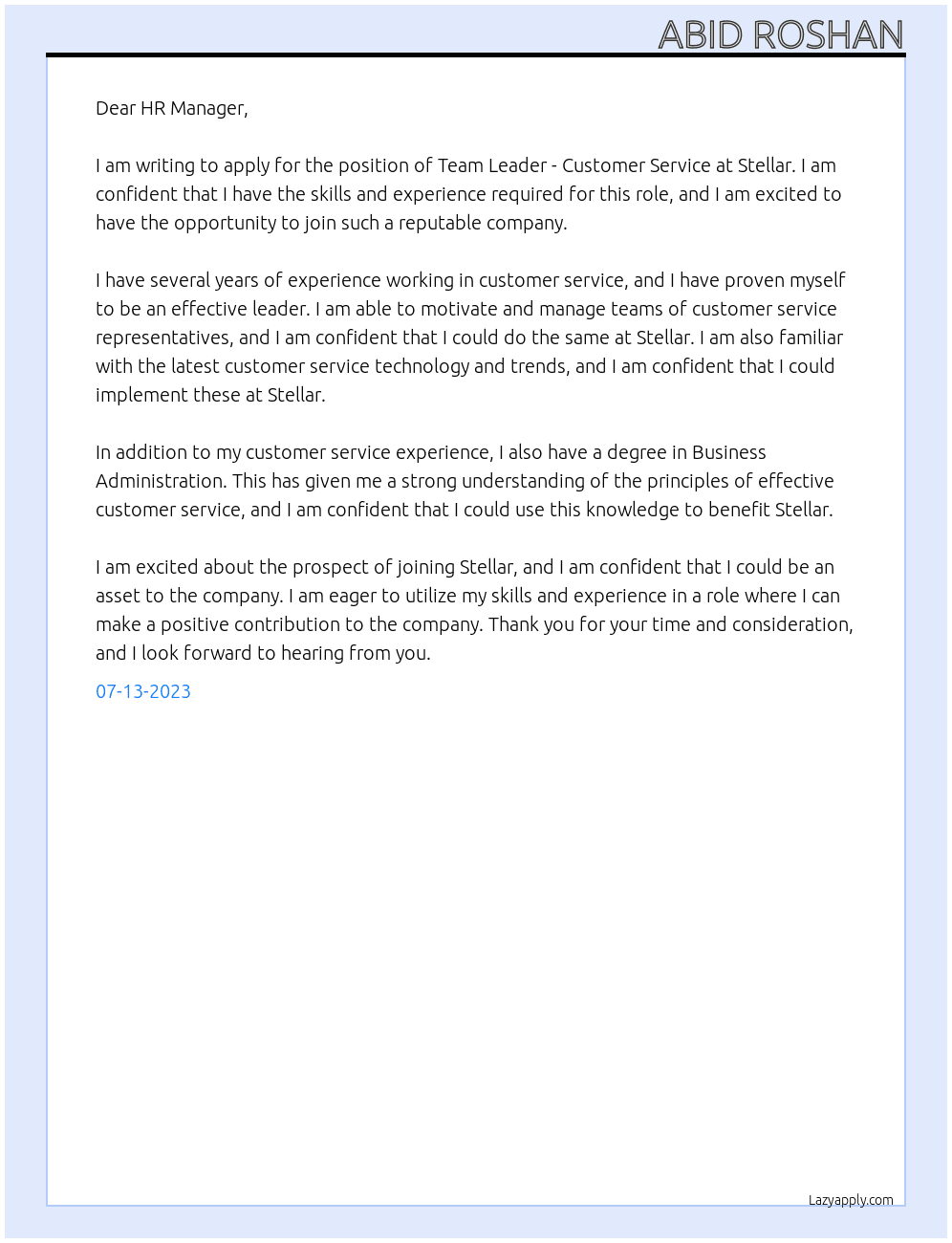 Team Leader - Customer service At Stellar Cover Letter