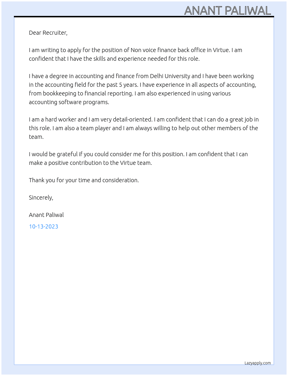Non voice finance back office  At Virtue Cover Letter