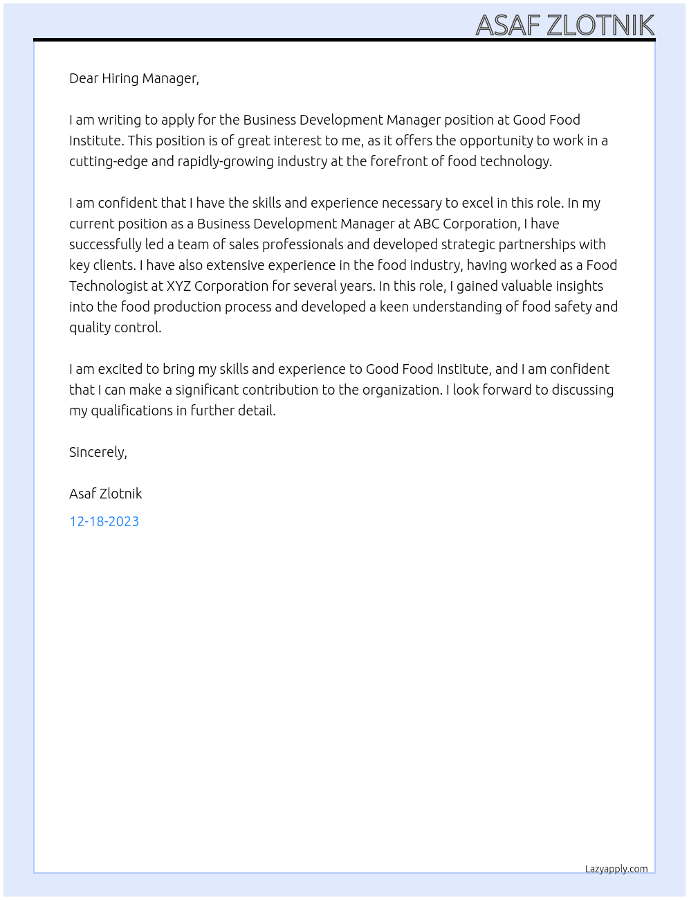 Business Development Manger At Good Food Institute Cover Letter