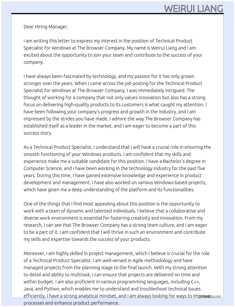 Technical Product Specialist for Windows At The Browser Company Cover Letter