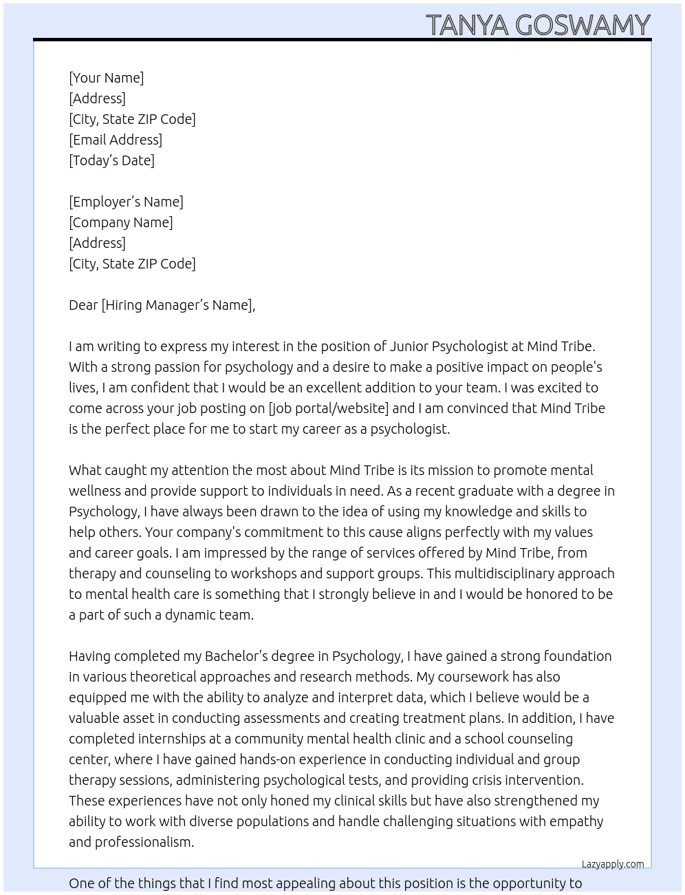 Junior Psychologist  At Mind Tribe  Cover Letter
