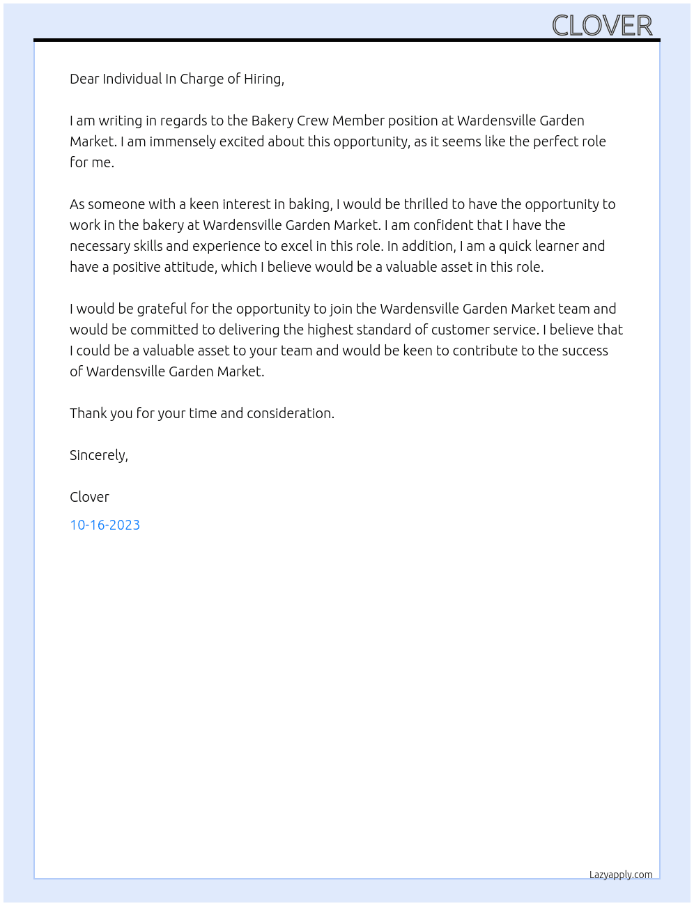 Bakery Crew Member  At Wardensville Garden Market  Cover Letter