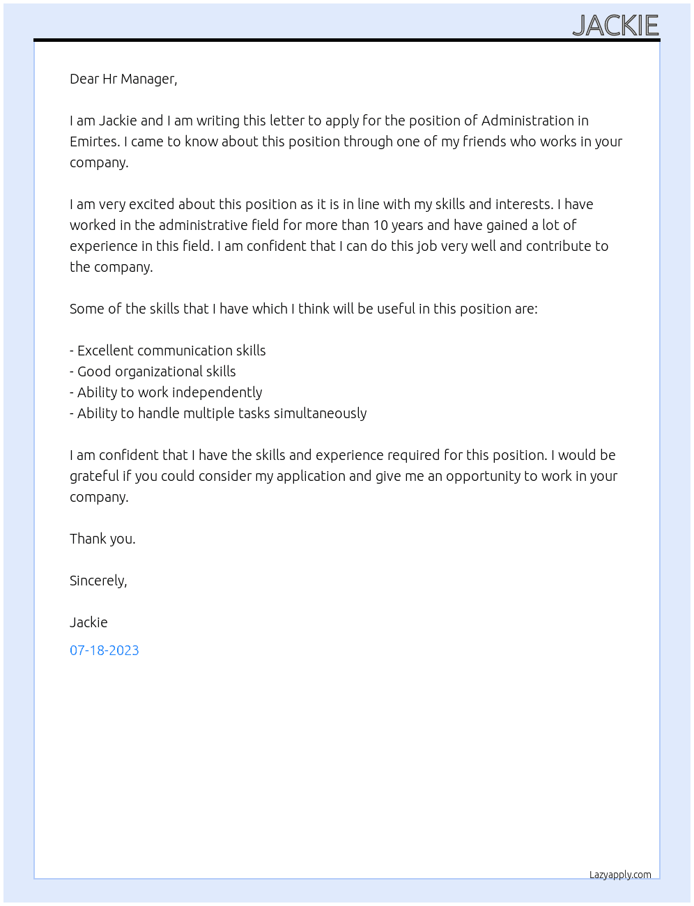 Administration At Emirtes Cover Letter