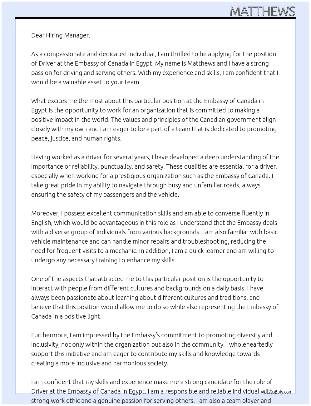 Driver At emabssy of Canada in Egypt Cover Letter