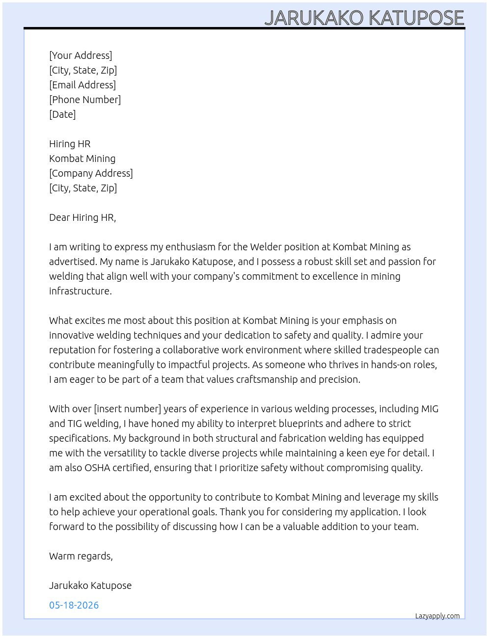 Welder Position  At Kombat Mining  Cover Letter