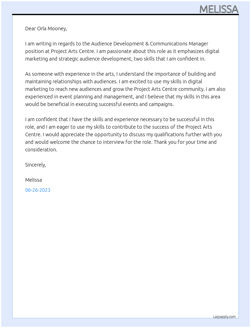 Audience Development & Communications Manager At Project Arts Centre Cover Letter