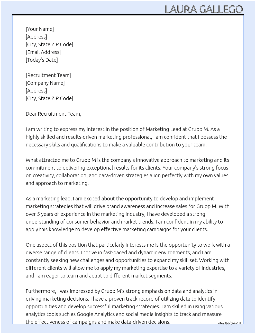 Marketing lead At Gruop M Cover Letter