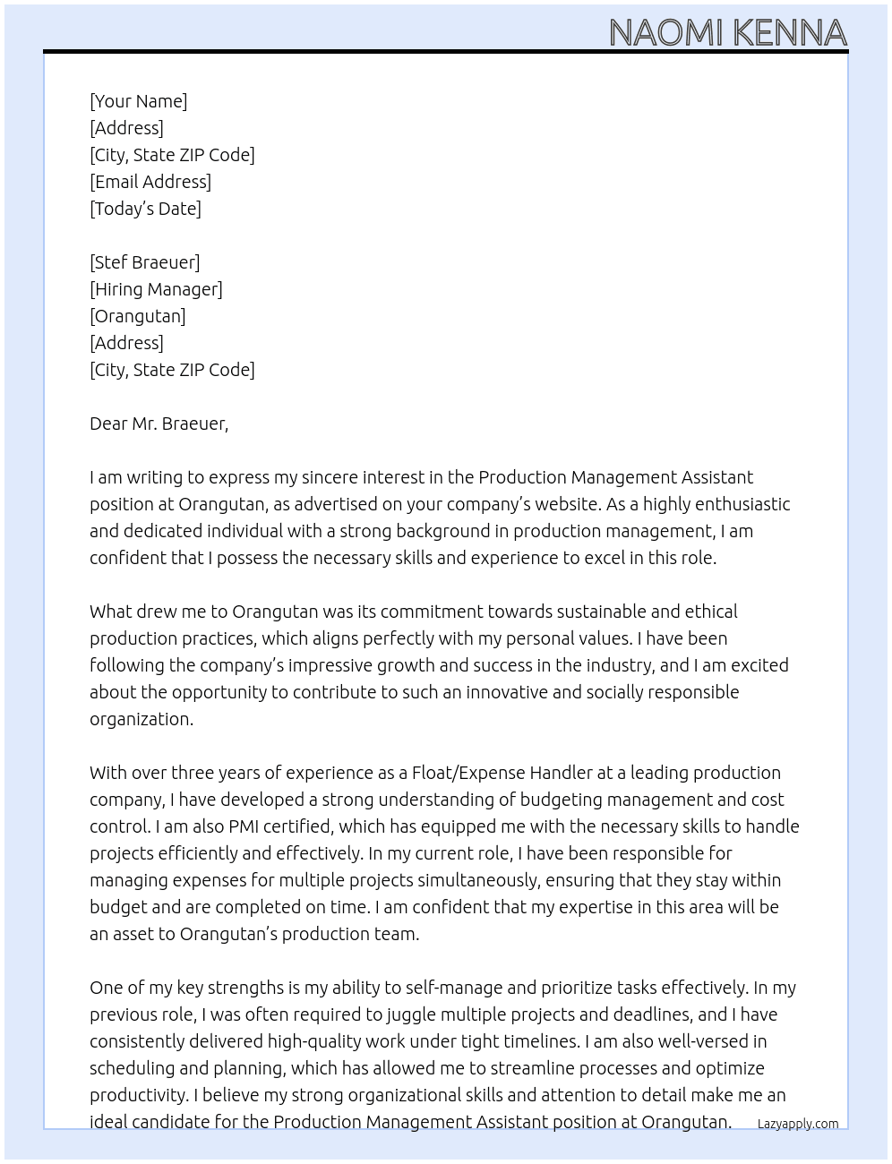 Production Management Assistant At Orangutan Cover Letter
