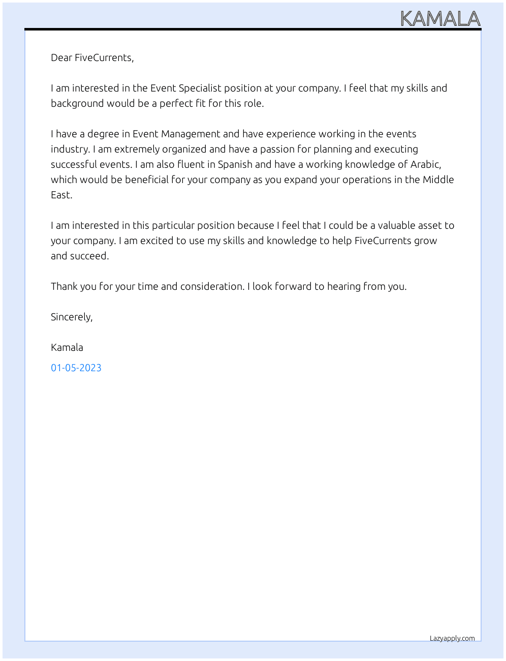 Event Specialist At FiveCurrents Cover Letter