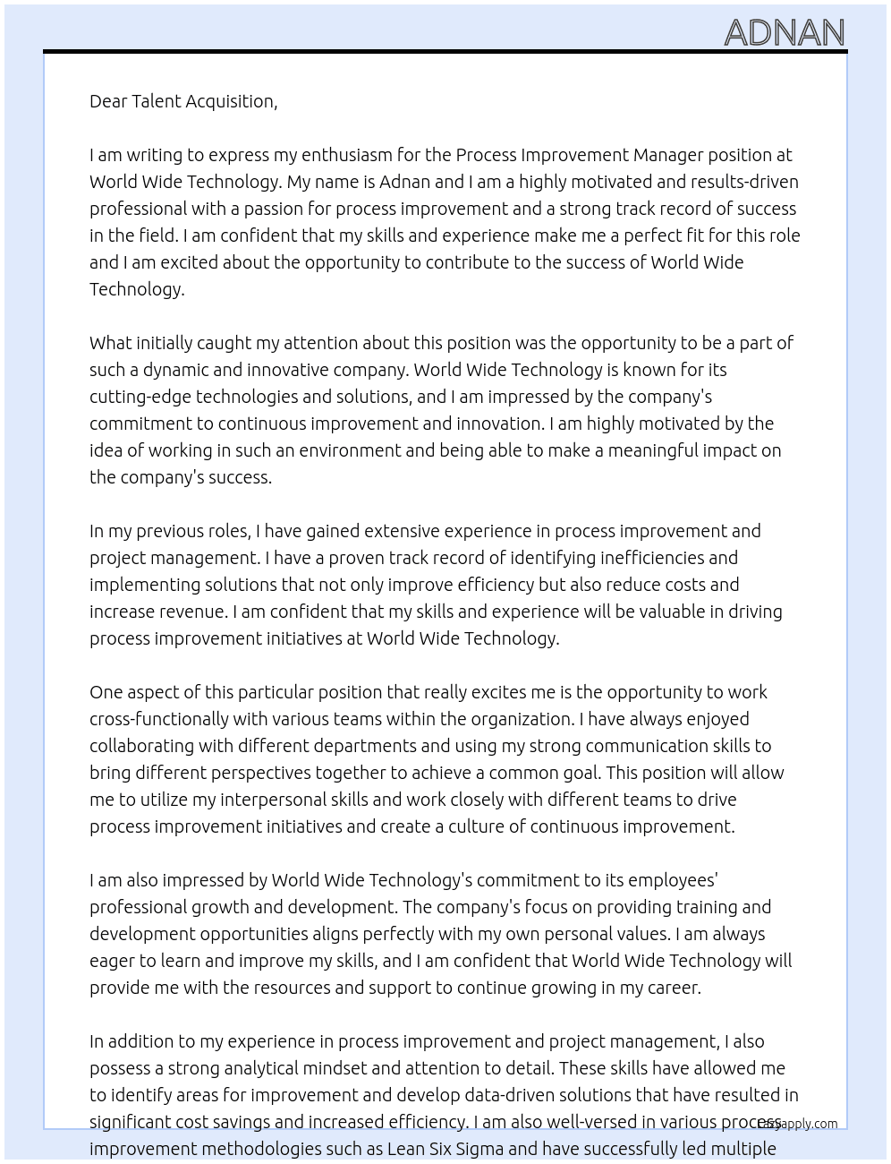 process improvement manager At world wide technology Cover Letter