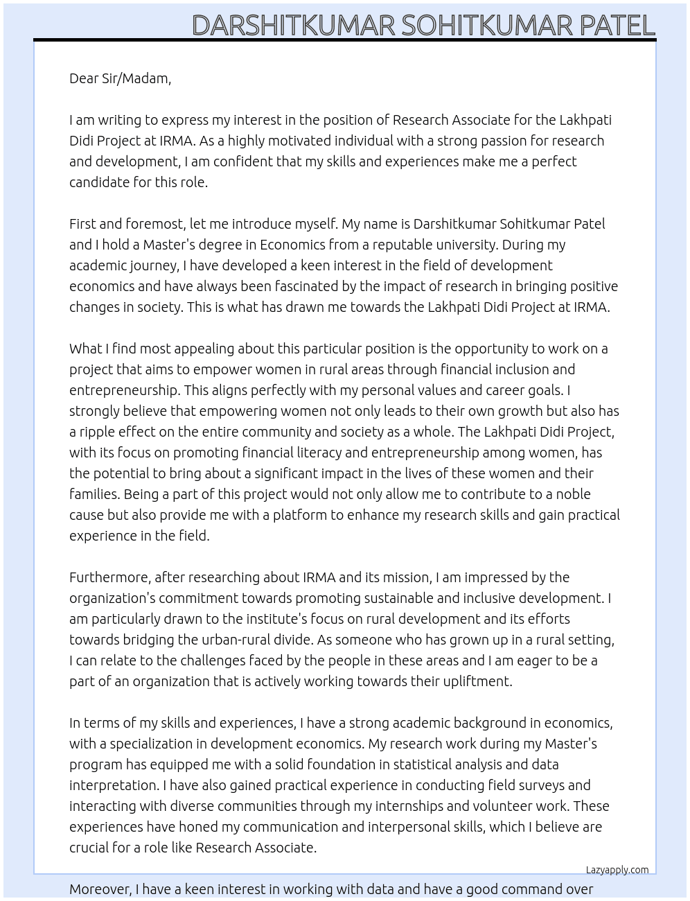 Research Associate (Lakhpati Didi Project) At IRMA Cover Letter