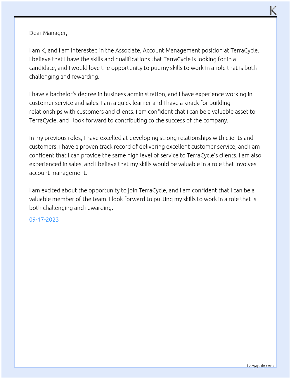 Associate, Account Management At TerraCycle Cover Letter