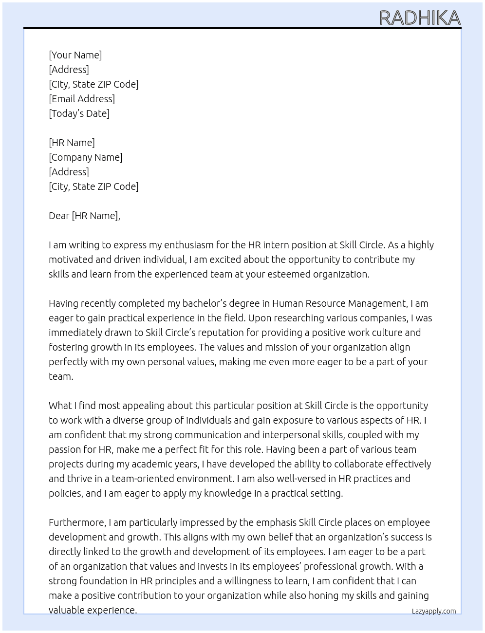 Hr intern  At Skill circle  Cover Letter