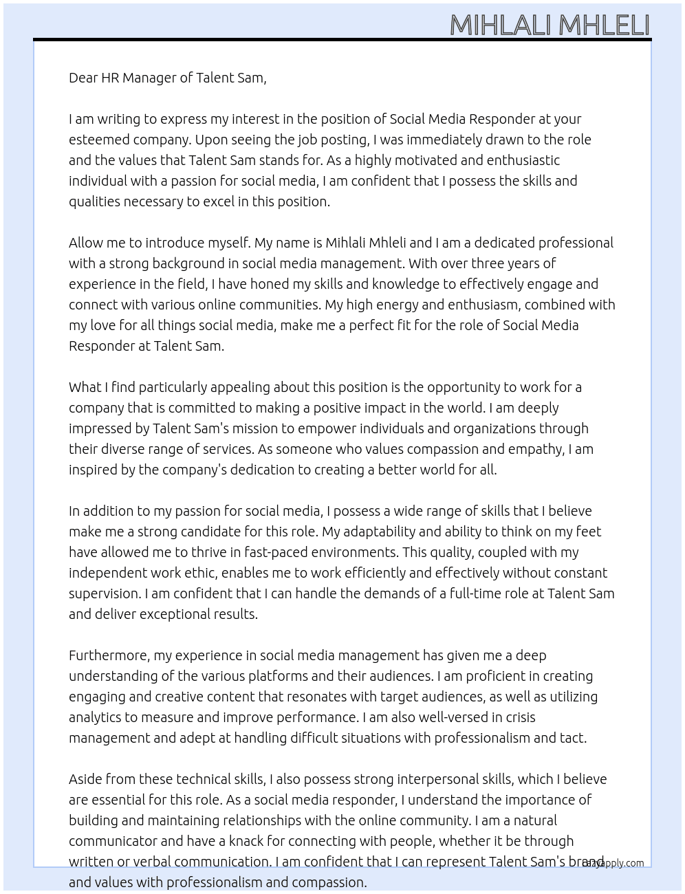 Social Media Responder At Talent Sam Cover Letter