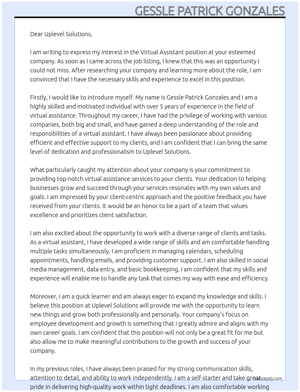 Virtual Assistant At Uplevel Solutions Cover Letter