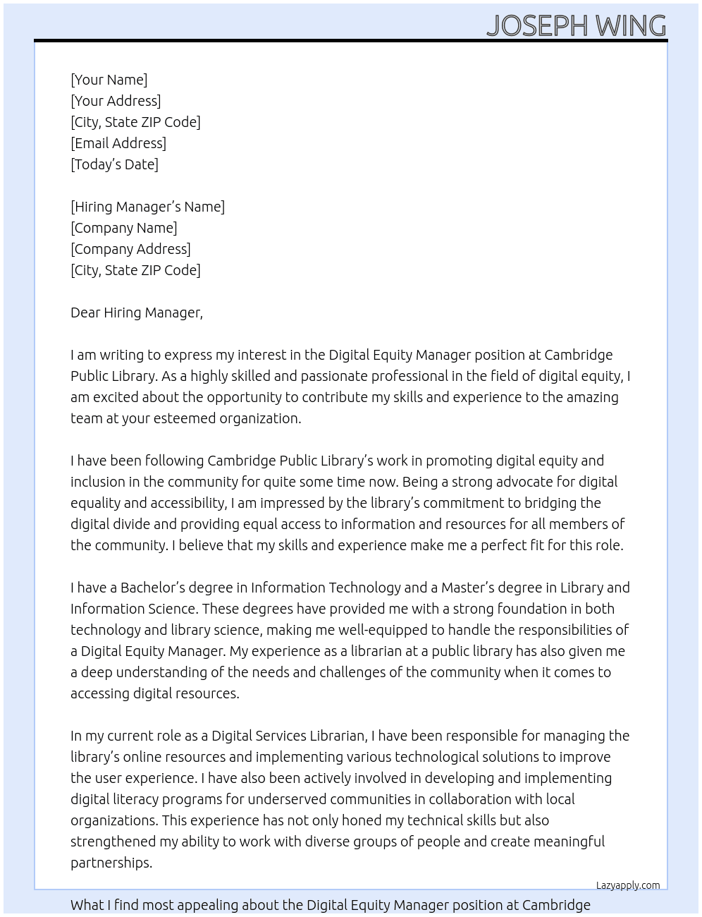 Digital Equity Manager At Cambridge Public Library Cover Letter