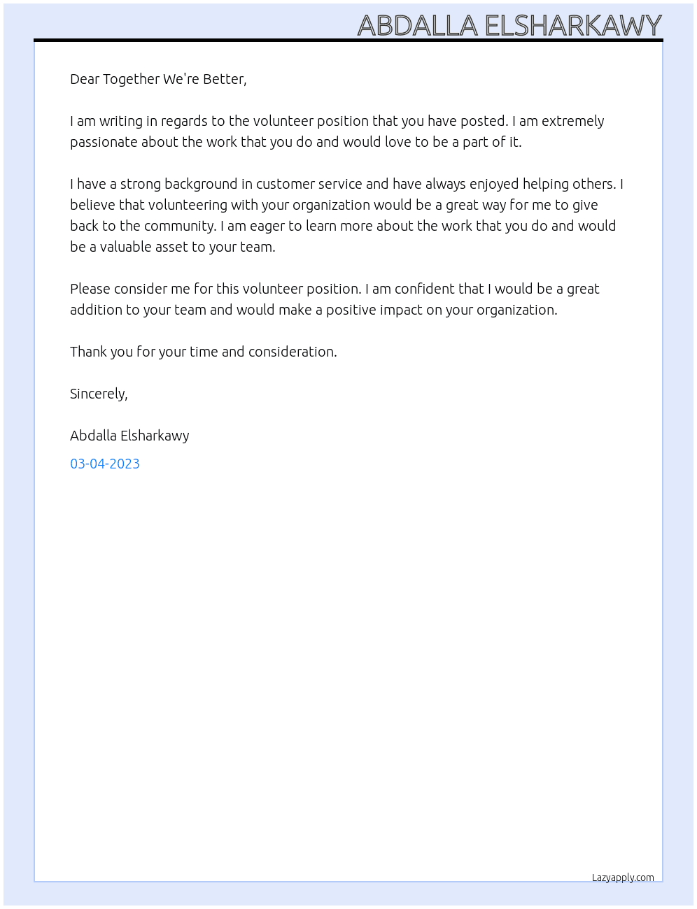 volunteer  At Together We're Better Cover Letter