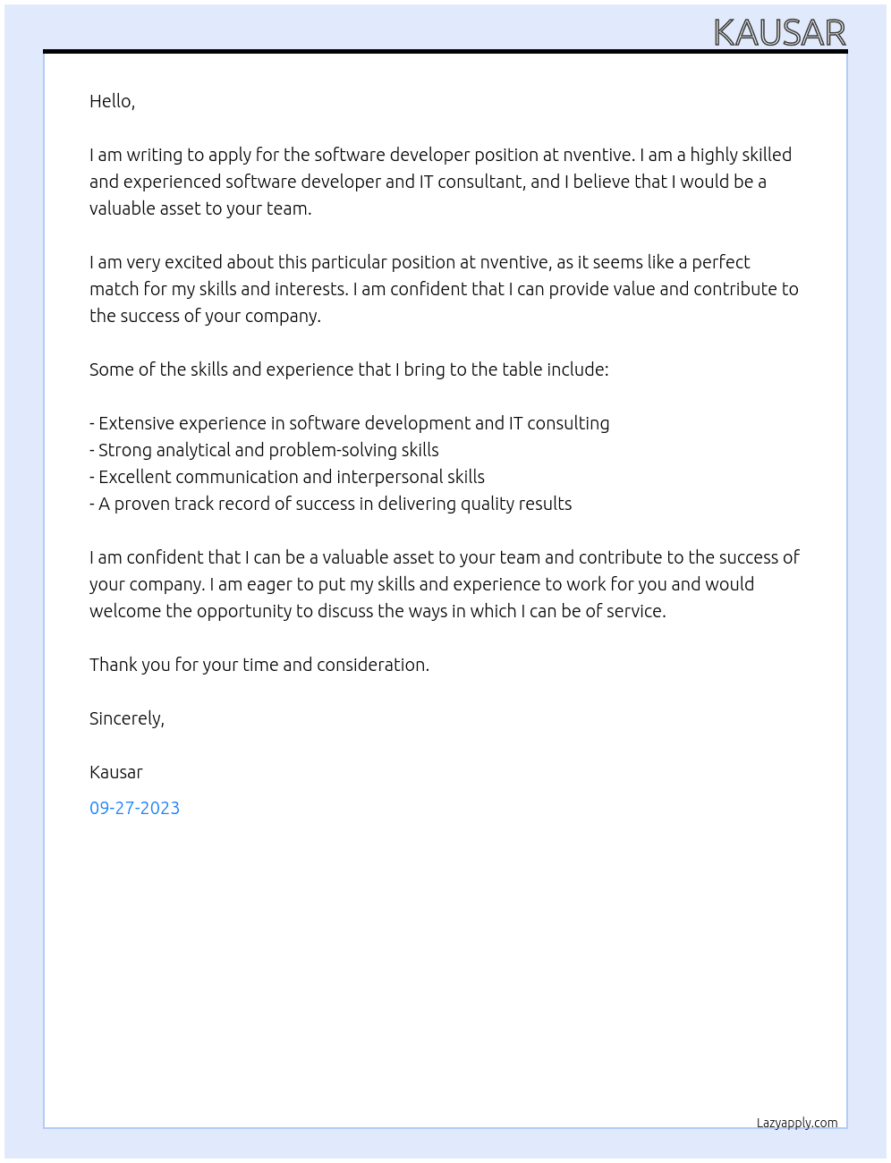 software developper and IT consulting experience At nventive Cover Letter