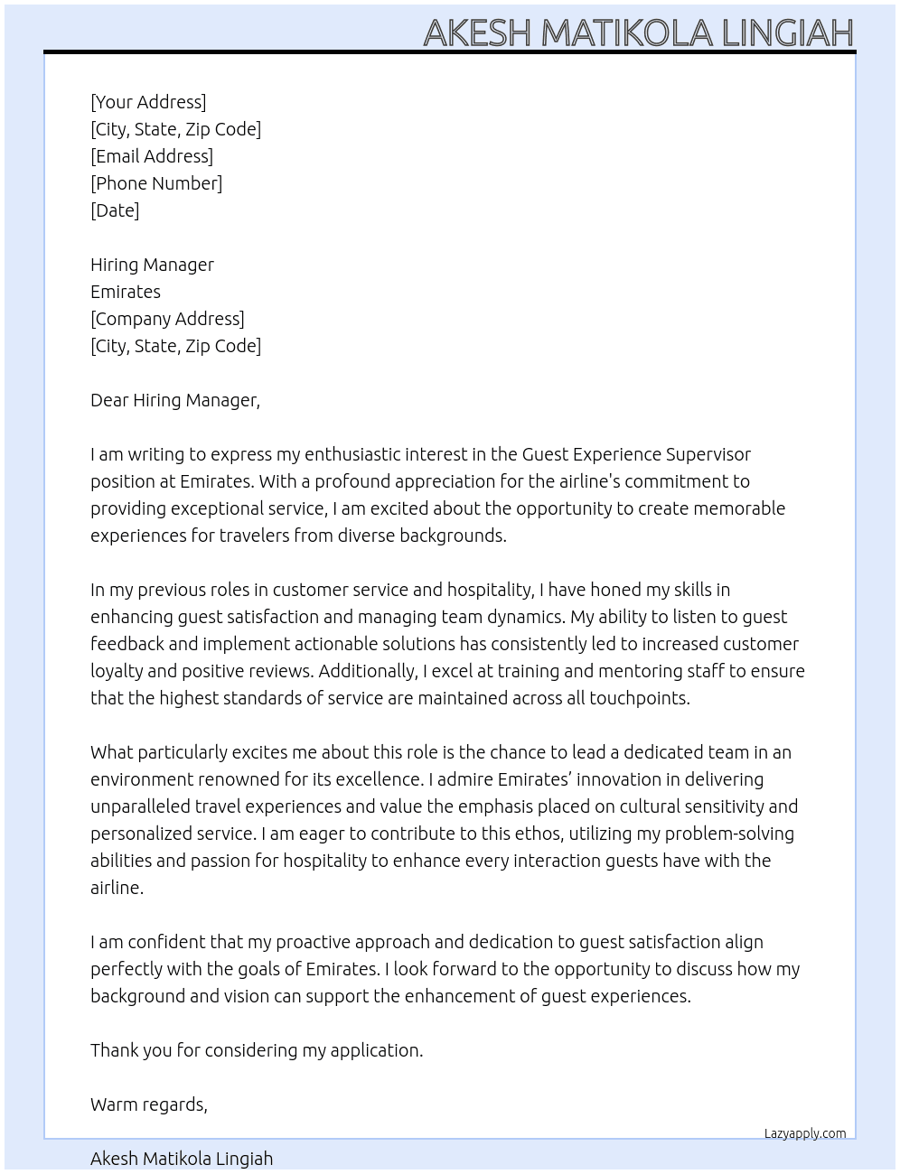 Guest Experience Supervisor At Emirates Cover Letter