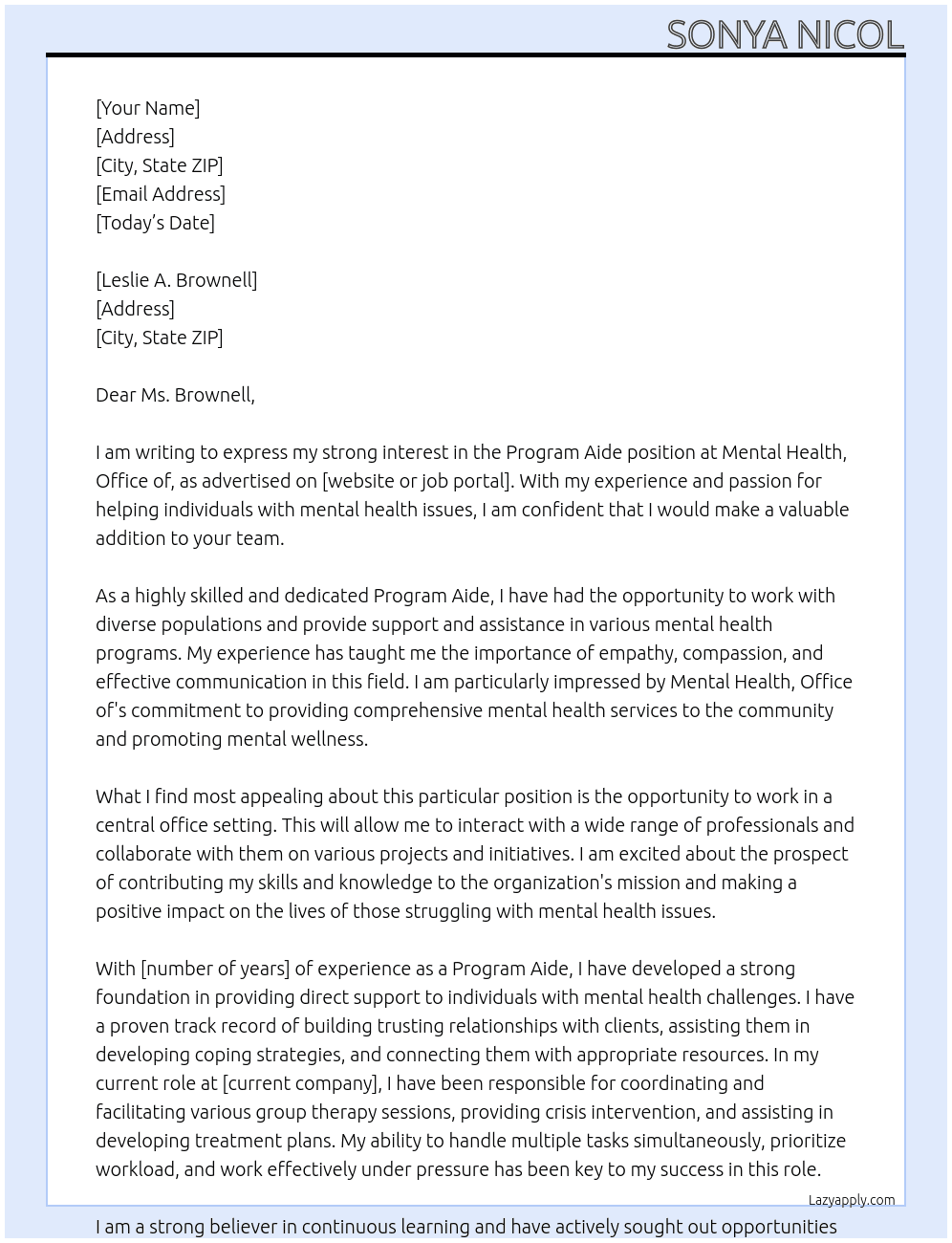Program Aide, Central Office At Mental Health, Office of Cover Letter