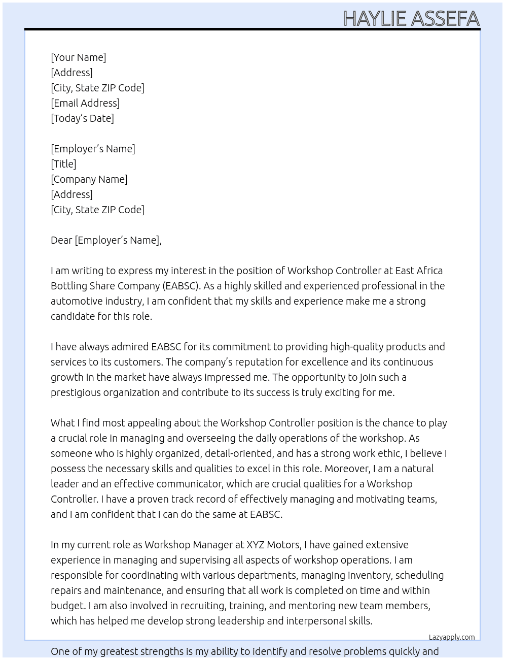 Workshop controller At East Africa Bottling Share Company Cover Letter