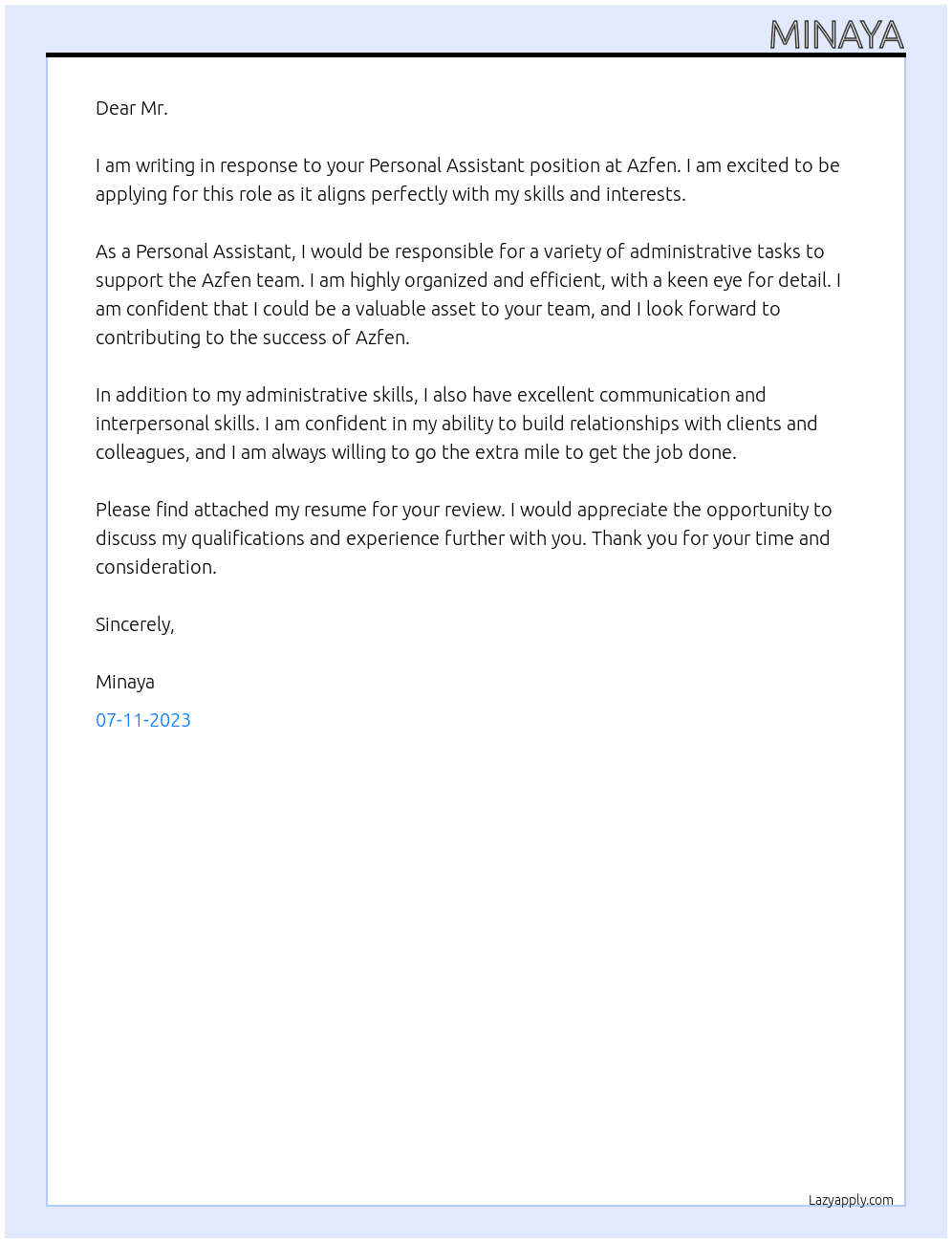 Personal Assistant At Azfen Cover Letter