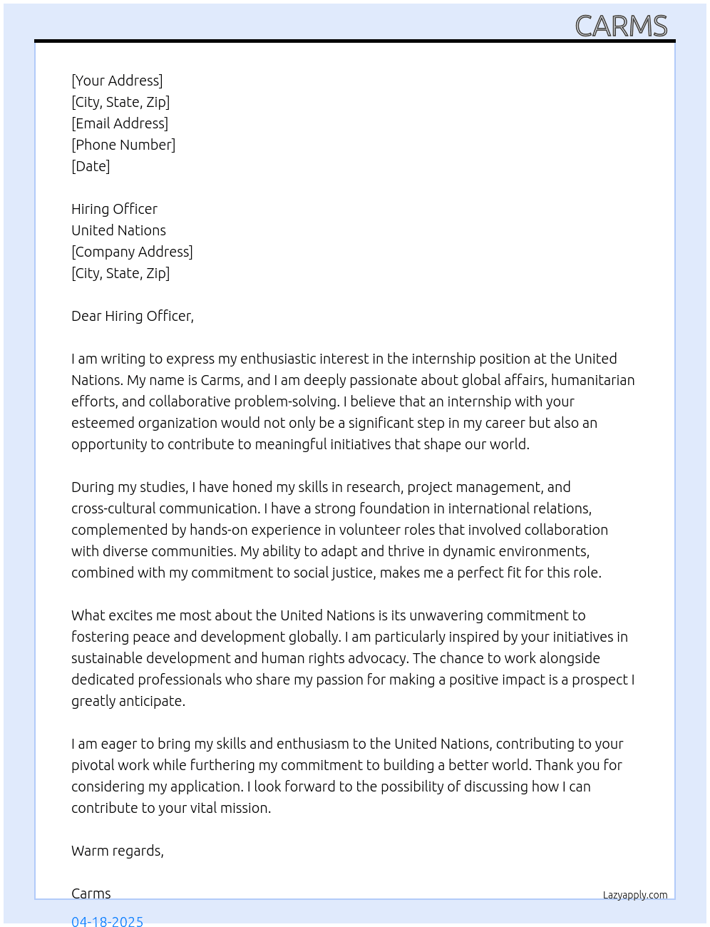 Internship  At United Nations  Cover Letter