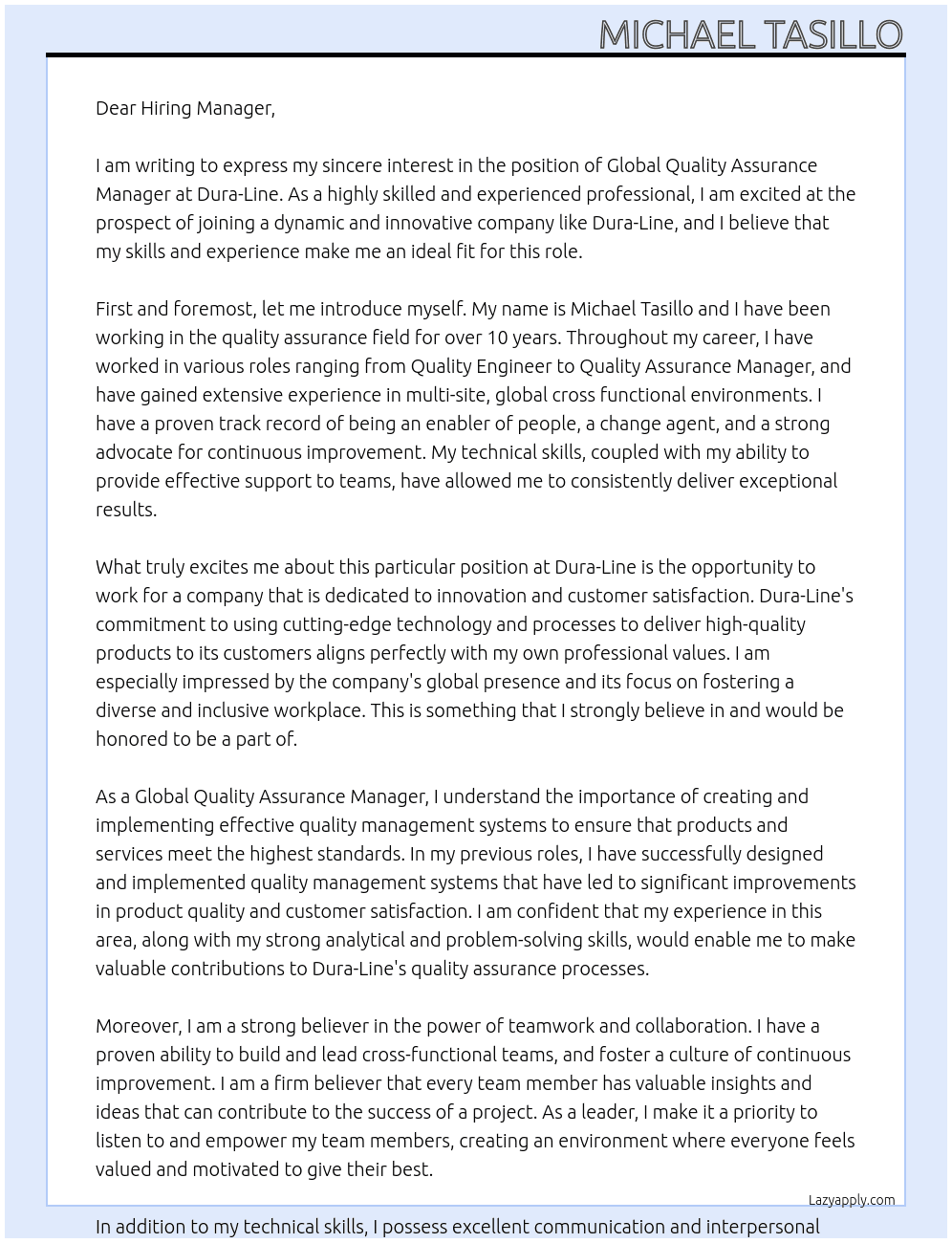 Global Quality Assurance Manager  At Dura-Line Cover Letter