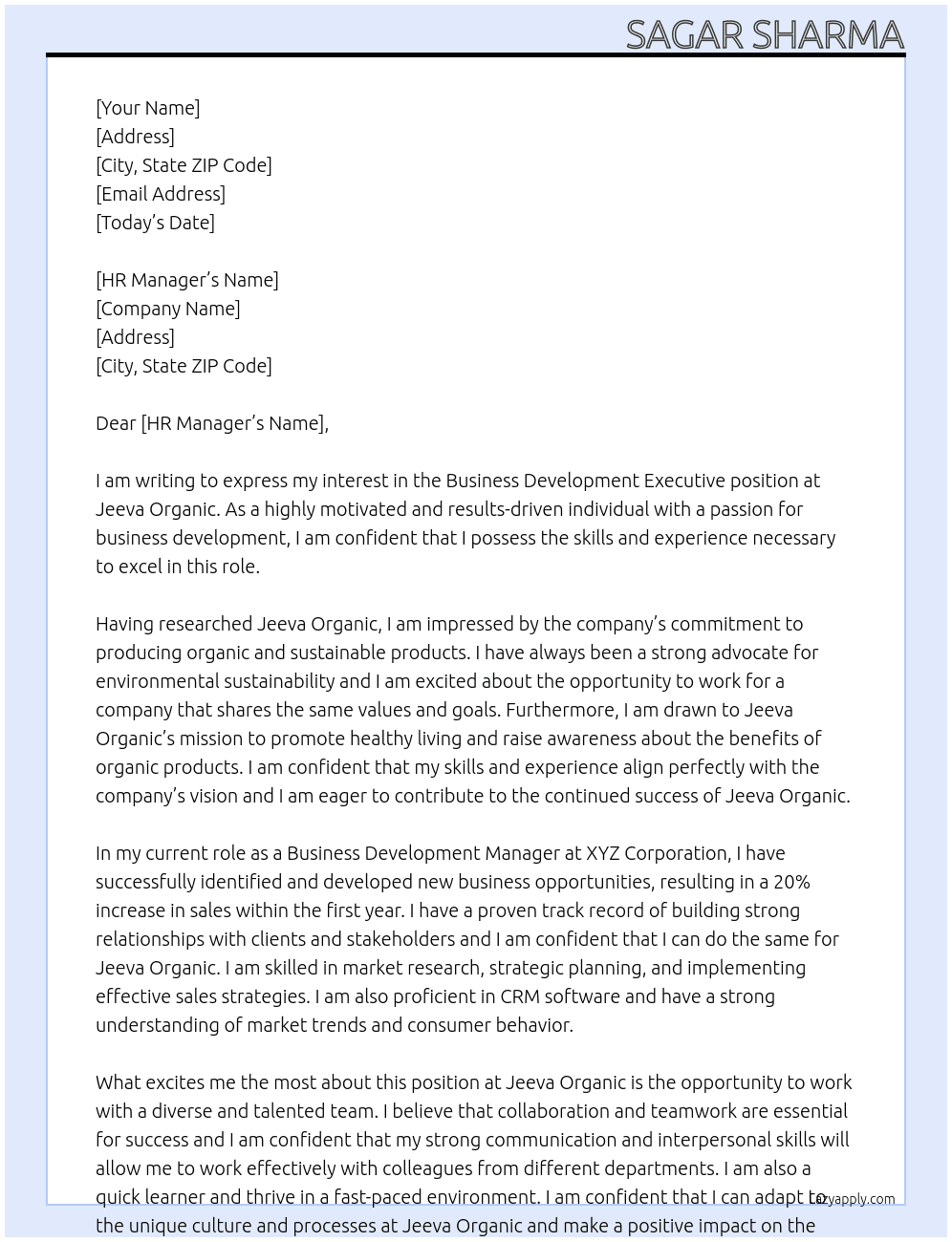 Business devlopment executive  At Jeeva organic  Cover Letter