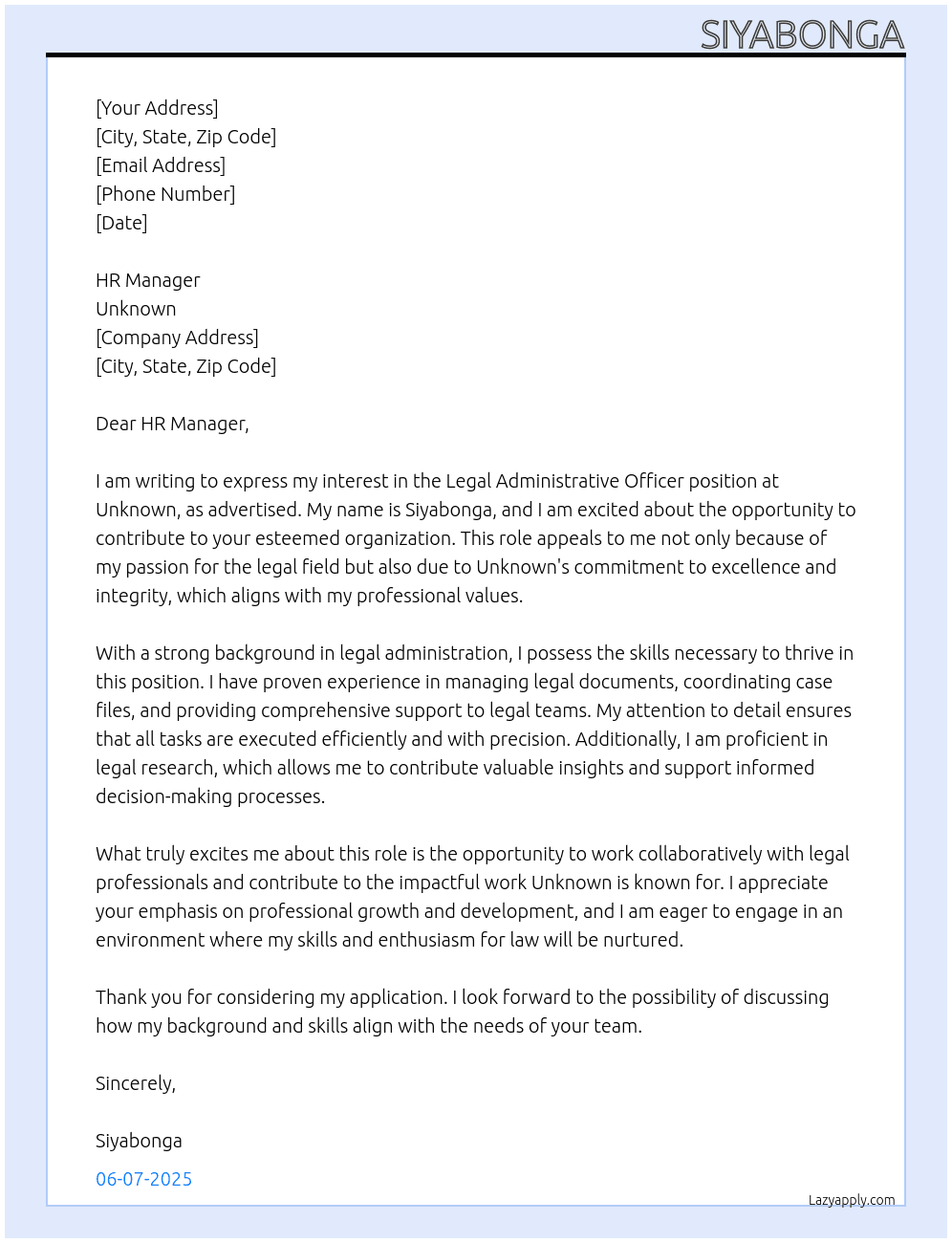Cover letter for legal administrative officer - LazyApply