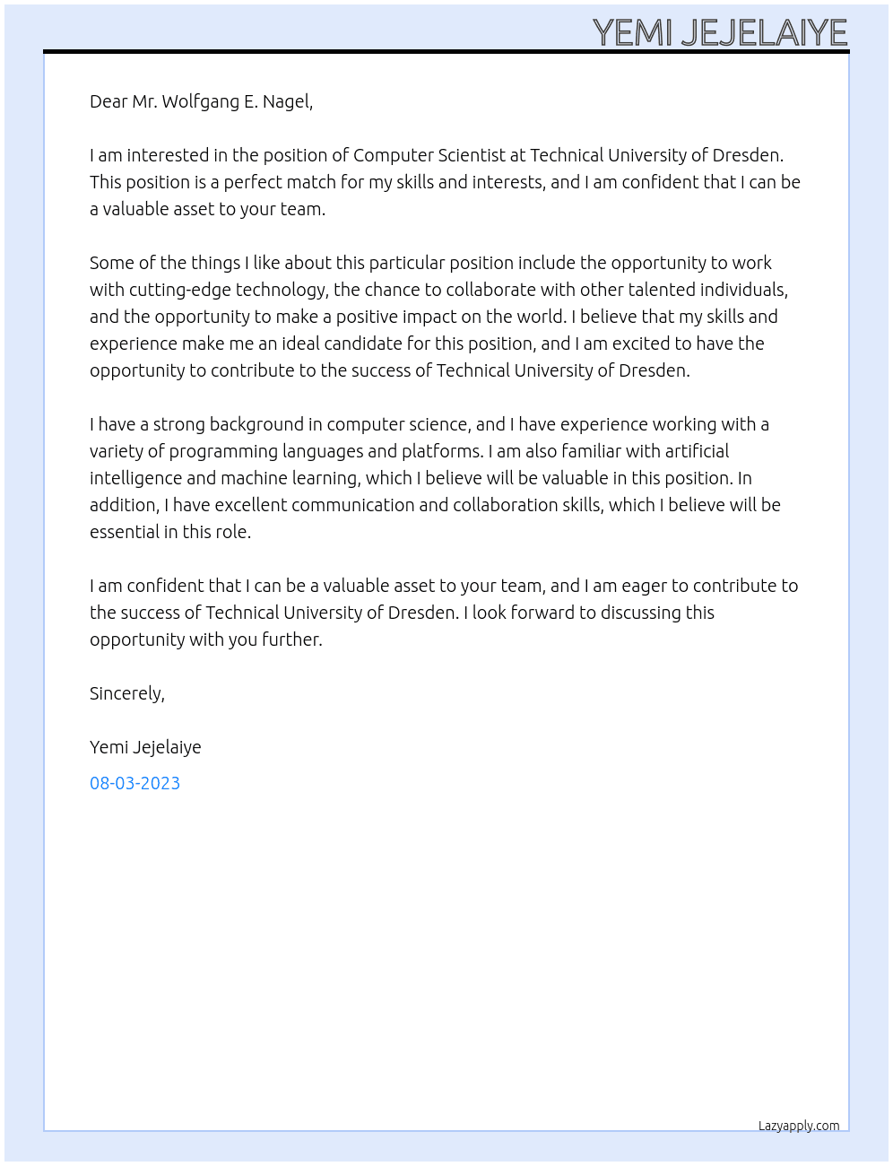 Computer Scientist At Technical University of Dresden Cover Letter