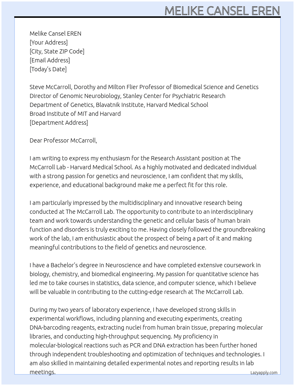 Research Assistan At The McCarroll Lab - Harvard Medical School Cover Letter