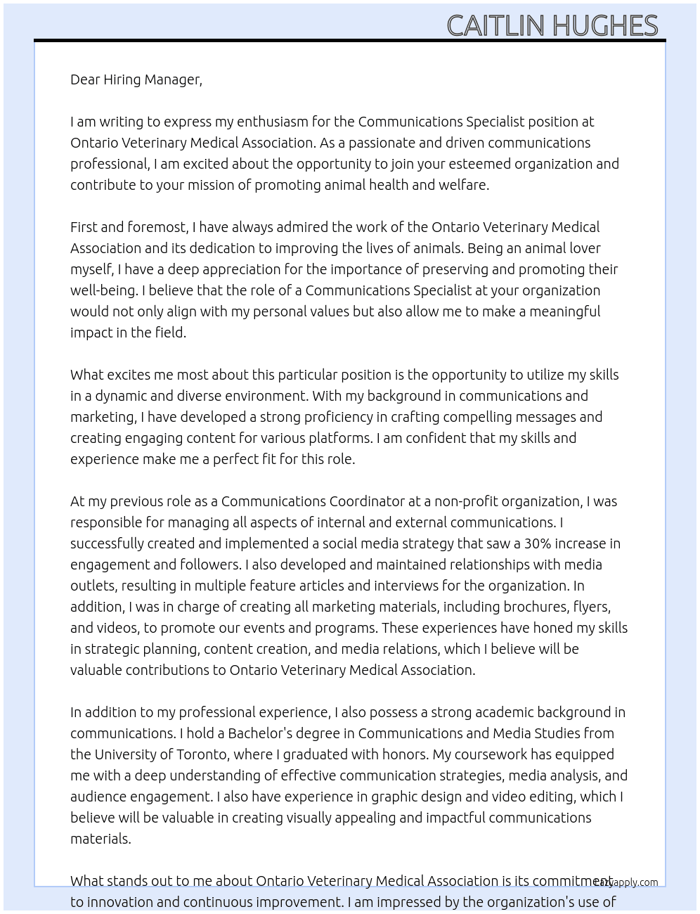 Communications Specialist At Ontario Veterinary Medical Association Cover Letter