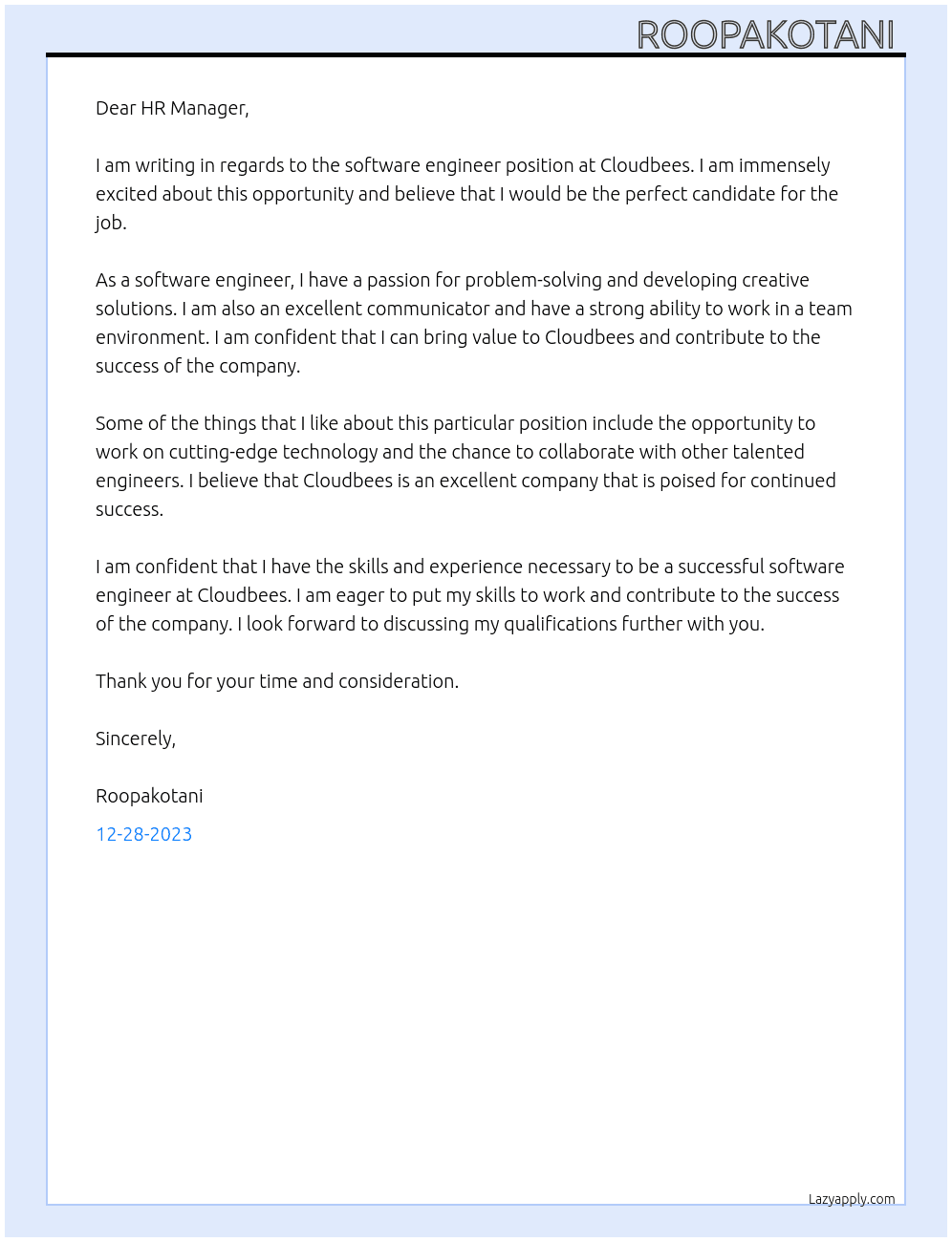 Software engineer  At Cloudbees Cover Letter