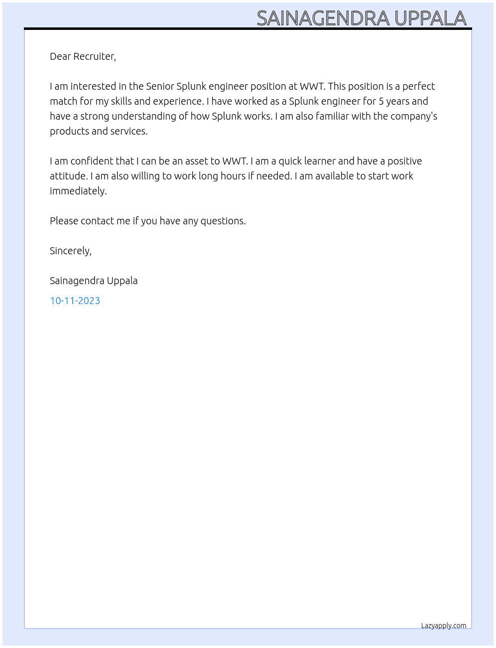 Senior Splunk engineer  At WWT Cover Letter