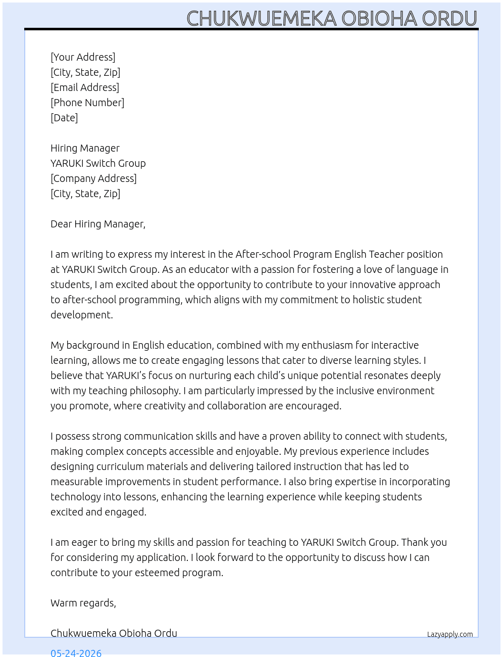 After-school program English teacher At YARUKI Switch Group Cover Letter