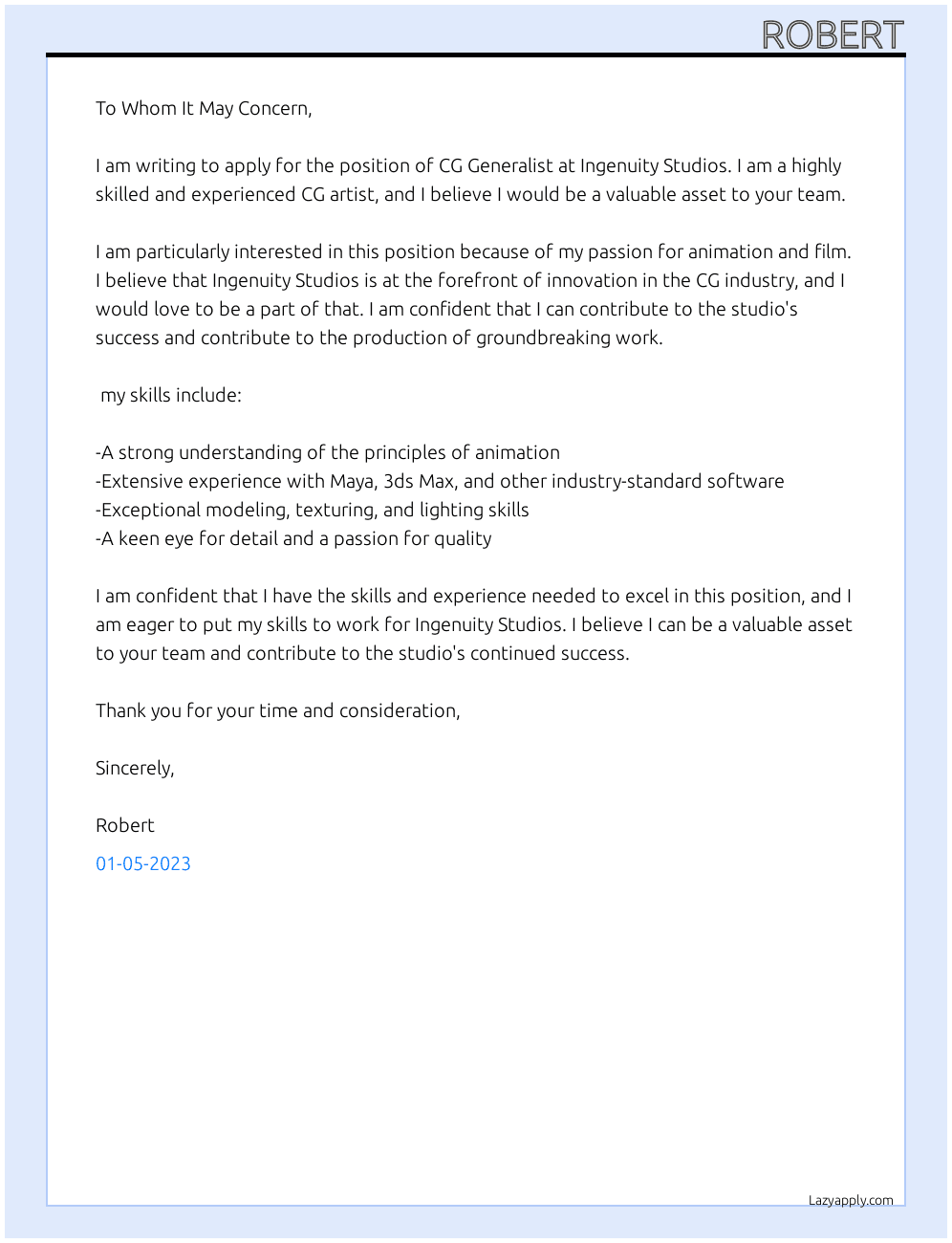 CG Generalist At Ingenuity Studios Cover Letter