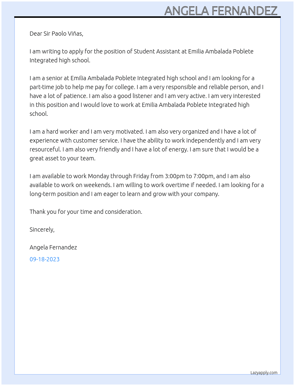 Student assistant  At Emilia Ambalada Poblete Integrated high school  Cover Letter