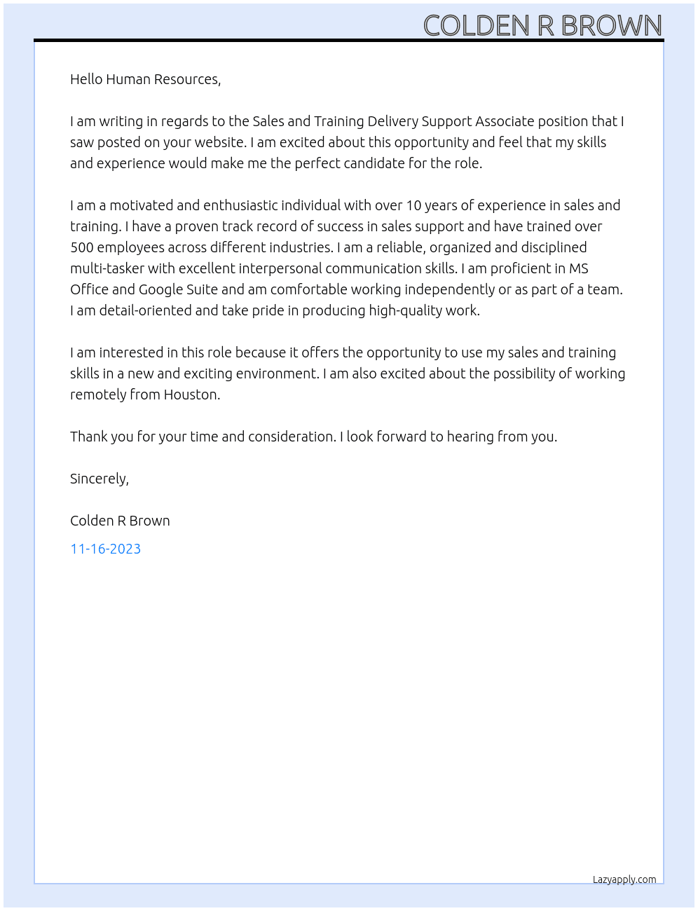 Sales and Training Delivery Support Associate At A Customer Understanding Lab  Cover Letter