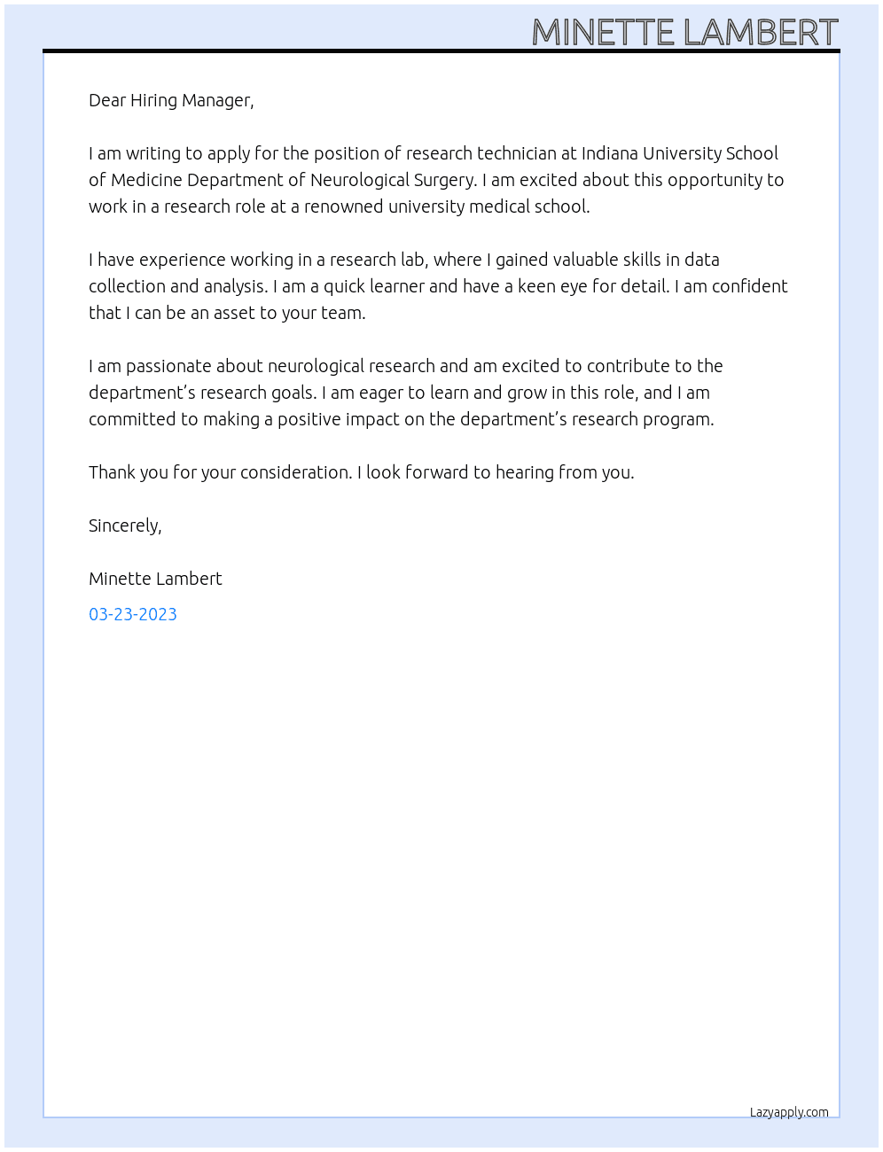 Research Technician At Indiana University School of Medicine Department of Neurological Surgery Cover Letter