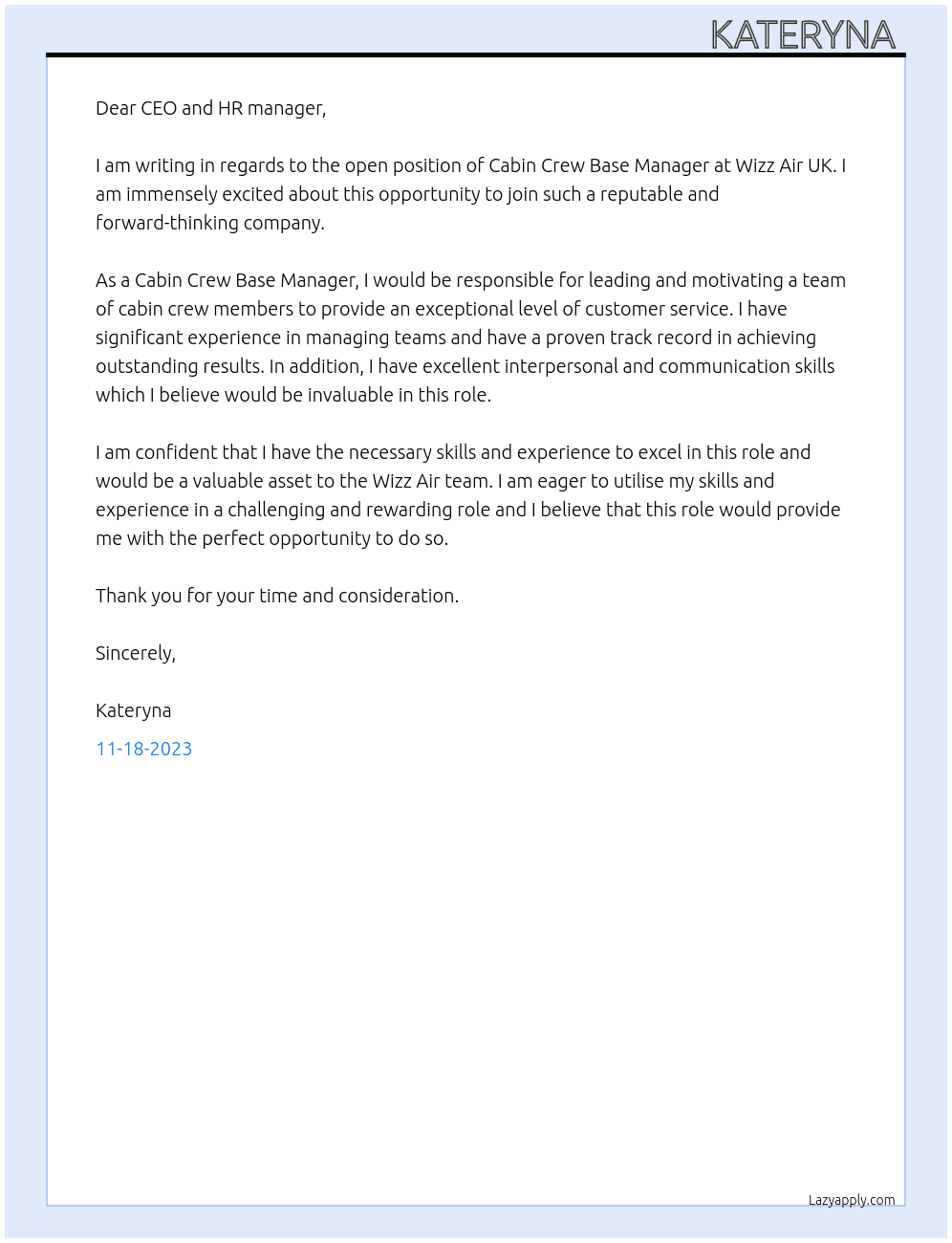 Cabin Crew Base Manager  At Wizz Air UK Cover Letter