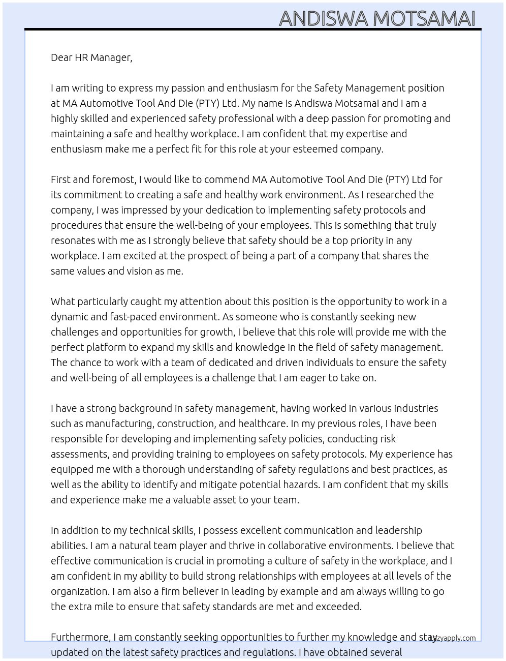 Safety Management  At MA Automotive Tool And Die (PTY) Ltd Cover Letter