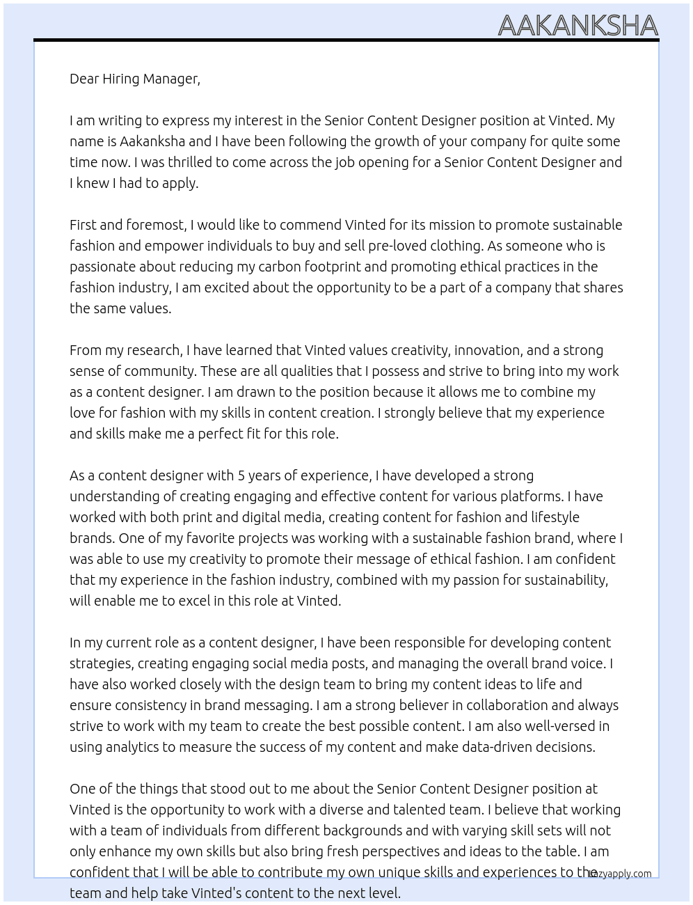 Senior content designer At Vinted Cover Letter