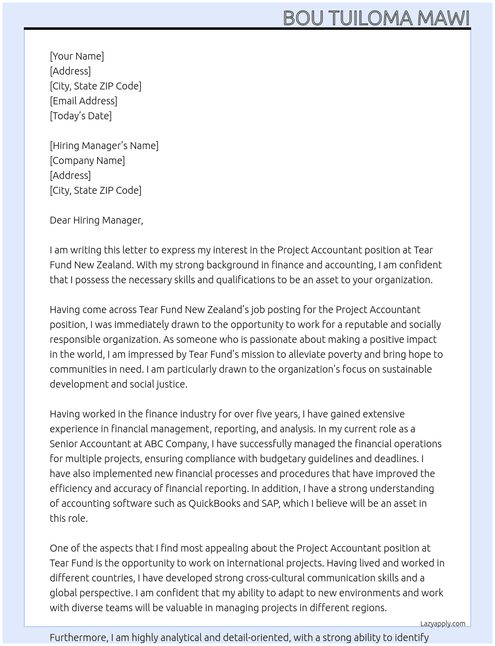 Project Accountant At Tear Fund New Zealand Cover Letter