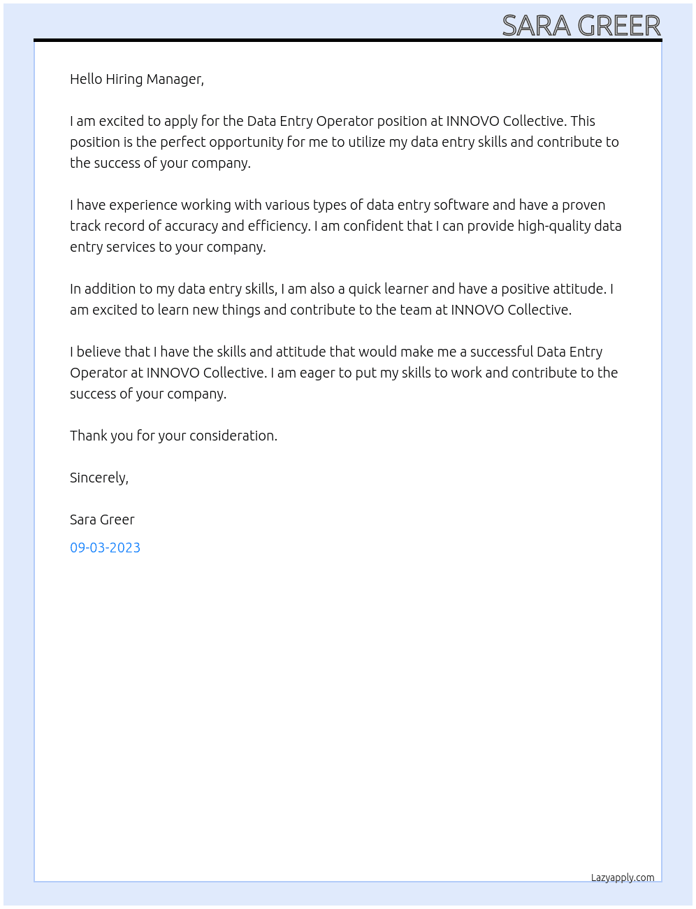 Data Entry Operator  At INNOVO Collective Cover Letter