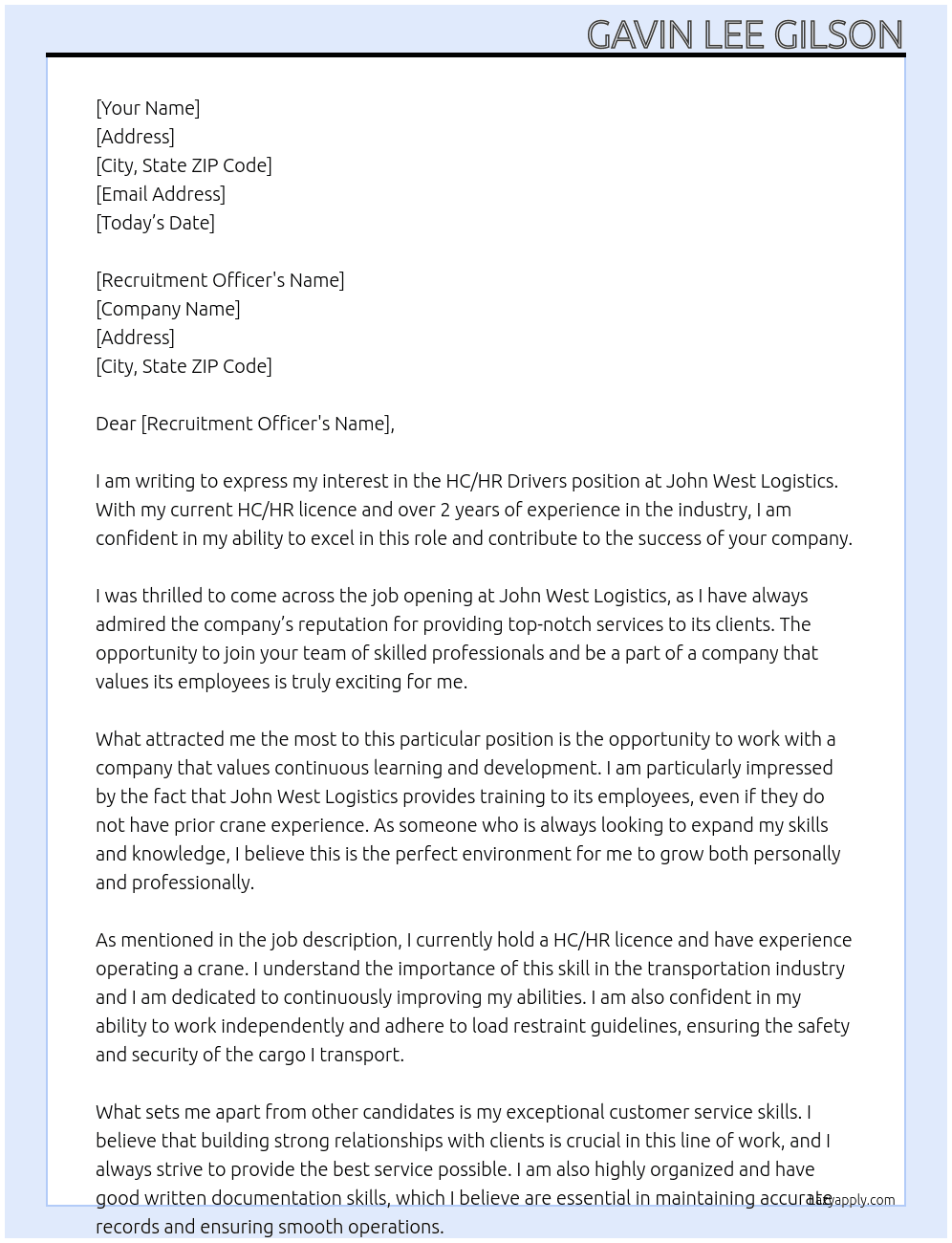 HC/HR Drivers At John West Logistics Cover Letter