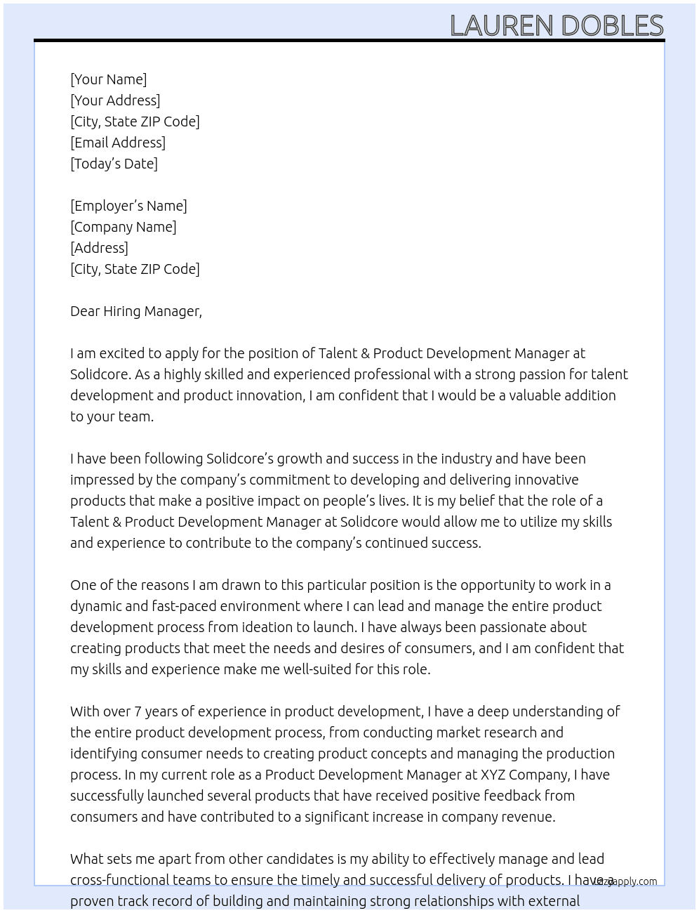 Talent & Product Development Manager At Solidcore Cover Letter