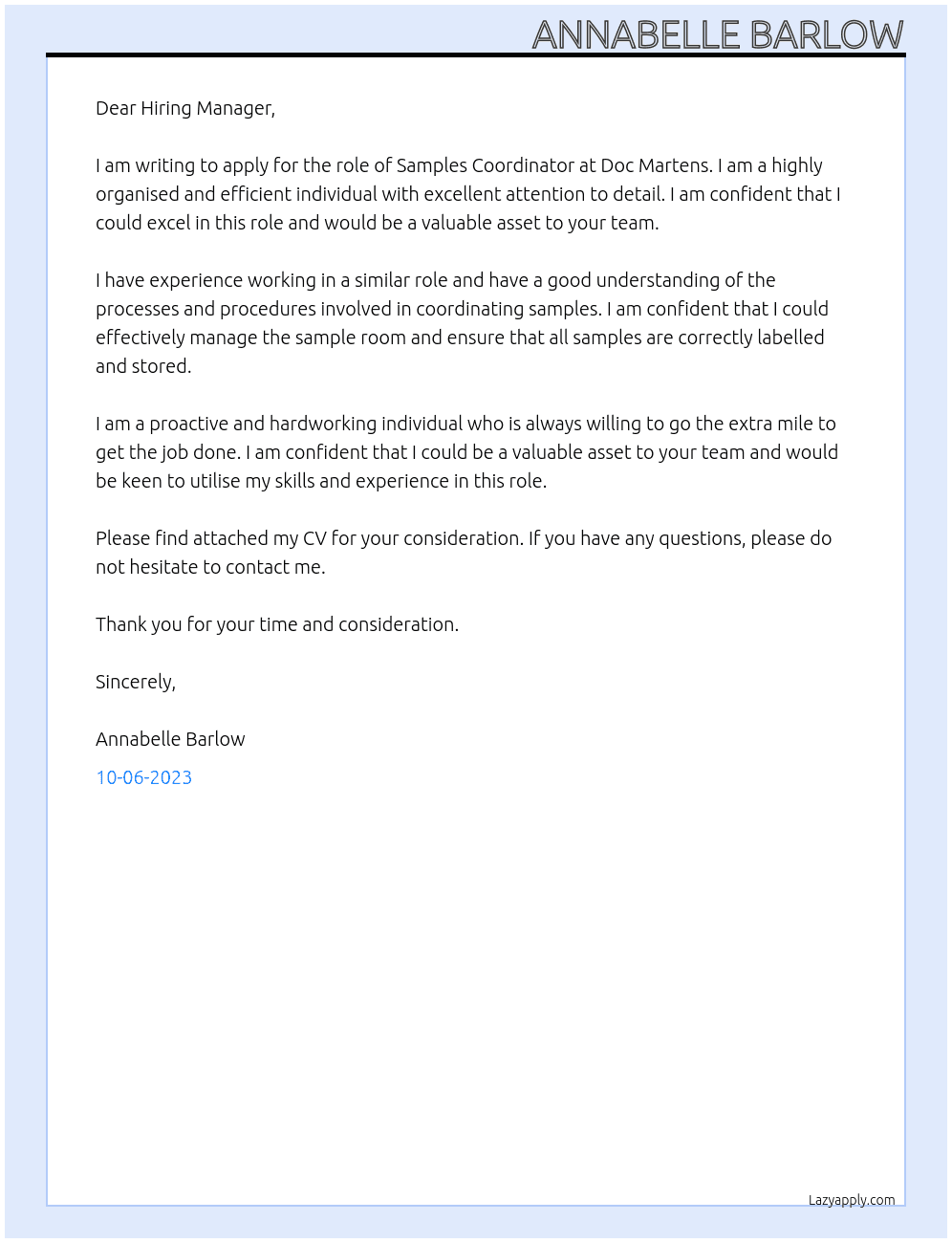 Samples Coordinator At Doc Martens Cover Letter