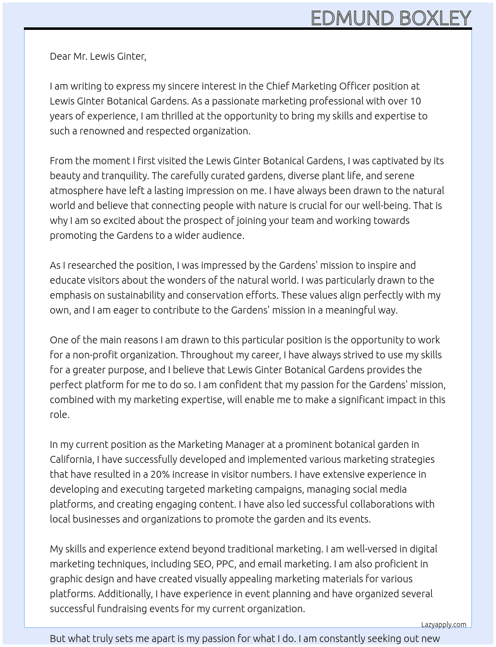 Chief Marketing Officer At Lewis Ginter Botanical Gardens Cover Letter